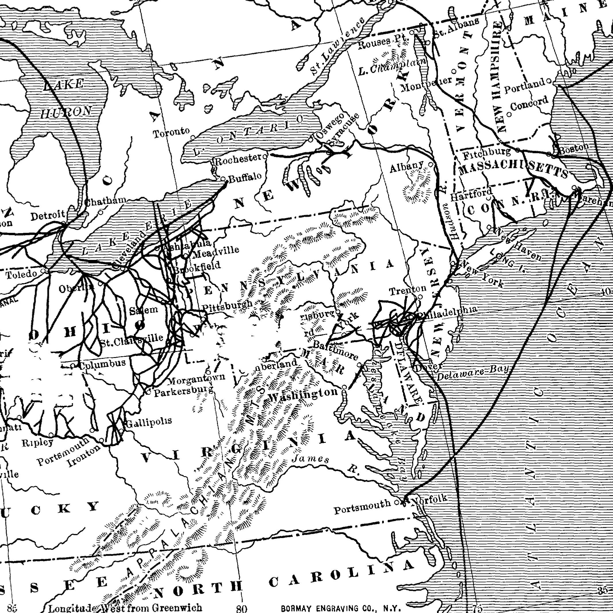 This map, published in 1898, shows the routes of the Underground Railroad from 1830-1865.