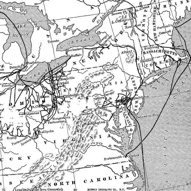 This map, published in 1898, shows the routes of the Underground Railroad from 1830-1865.