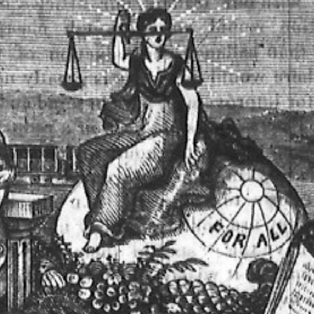 Workers holding scales of justice above the header for the Voice of Industry newspaper.