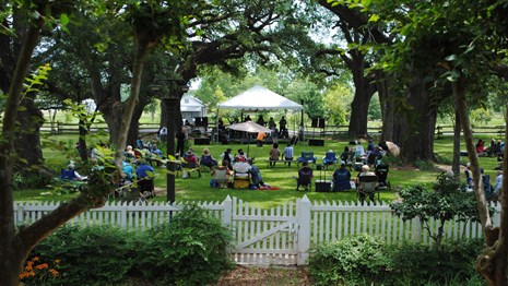 Visitors enjoy music at the annual Cane River Music Festival under the shade of the oak alley
