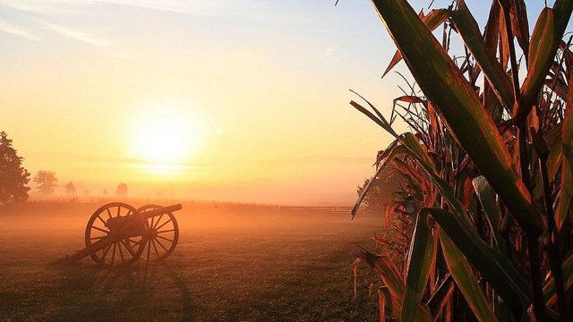 Sunrise over a cornfield with a cannon in the distance