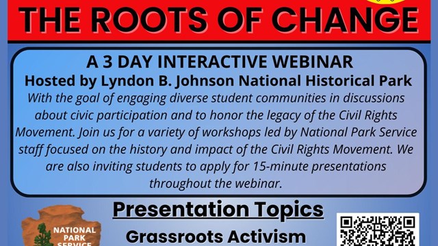 A colorful webinar poster with the information, graphics, and the title 'The Roots of Change'