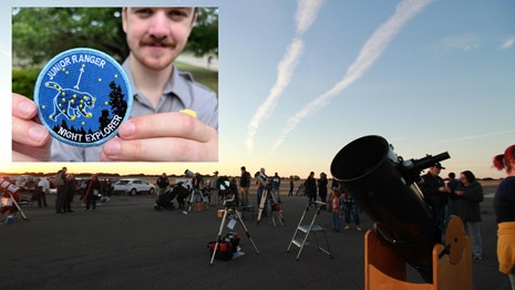 A crowd gathers around telescopes. Inset photo is close-up of blue, cloth patch with stars. 