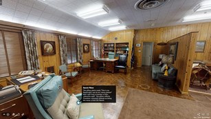 Screenshot from the virtual tour shows President Johnson's office. A callout box describes a pillow.