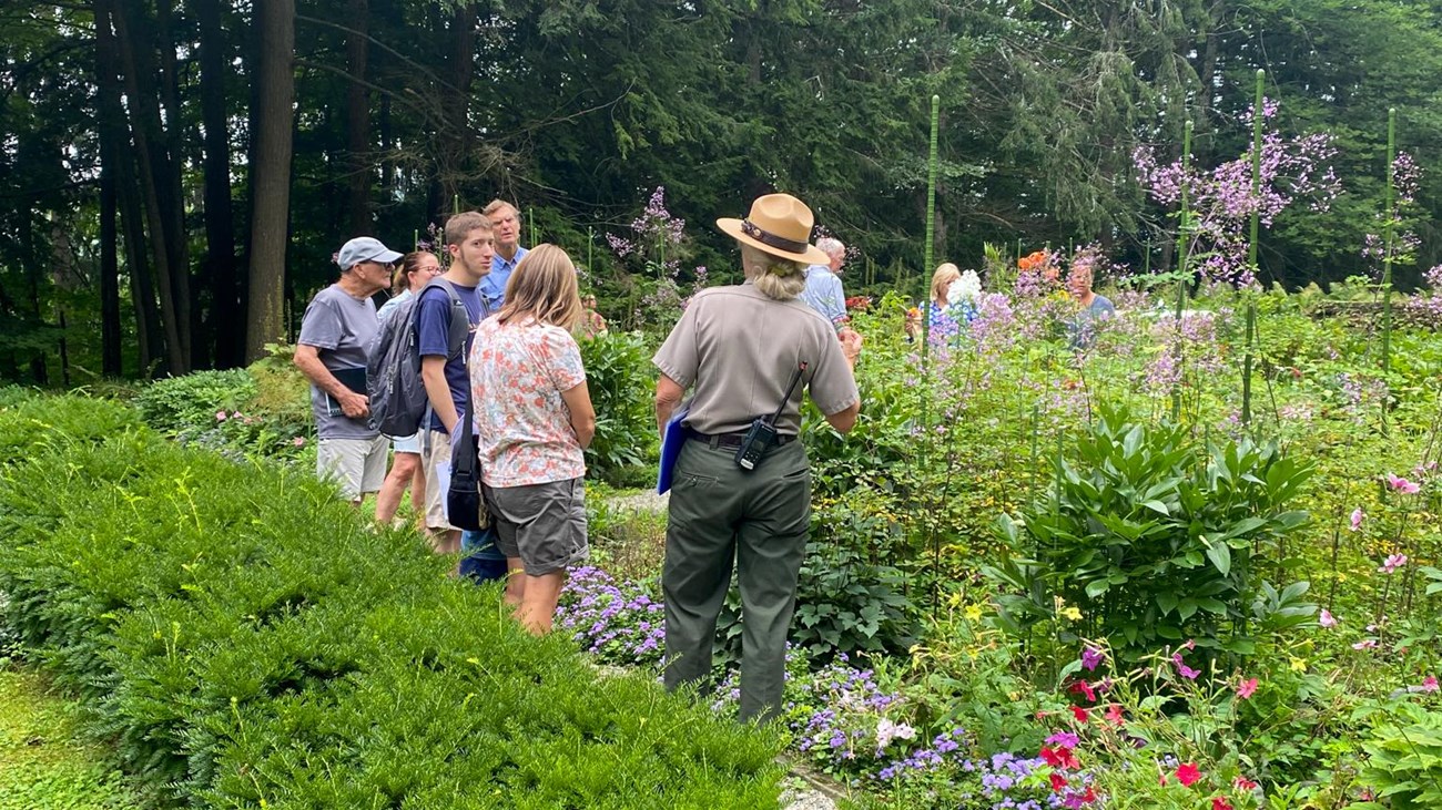Small group of people stand in a colorful garden with green hedges.