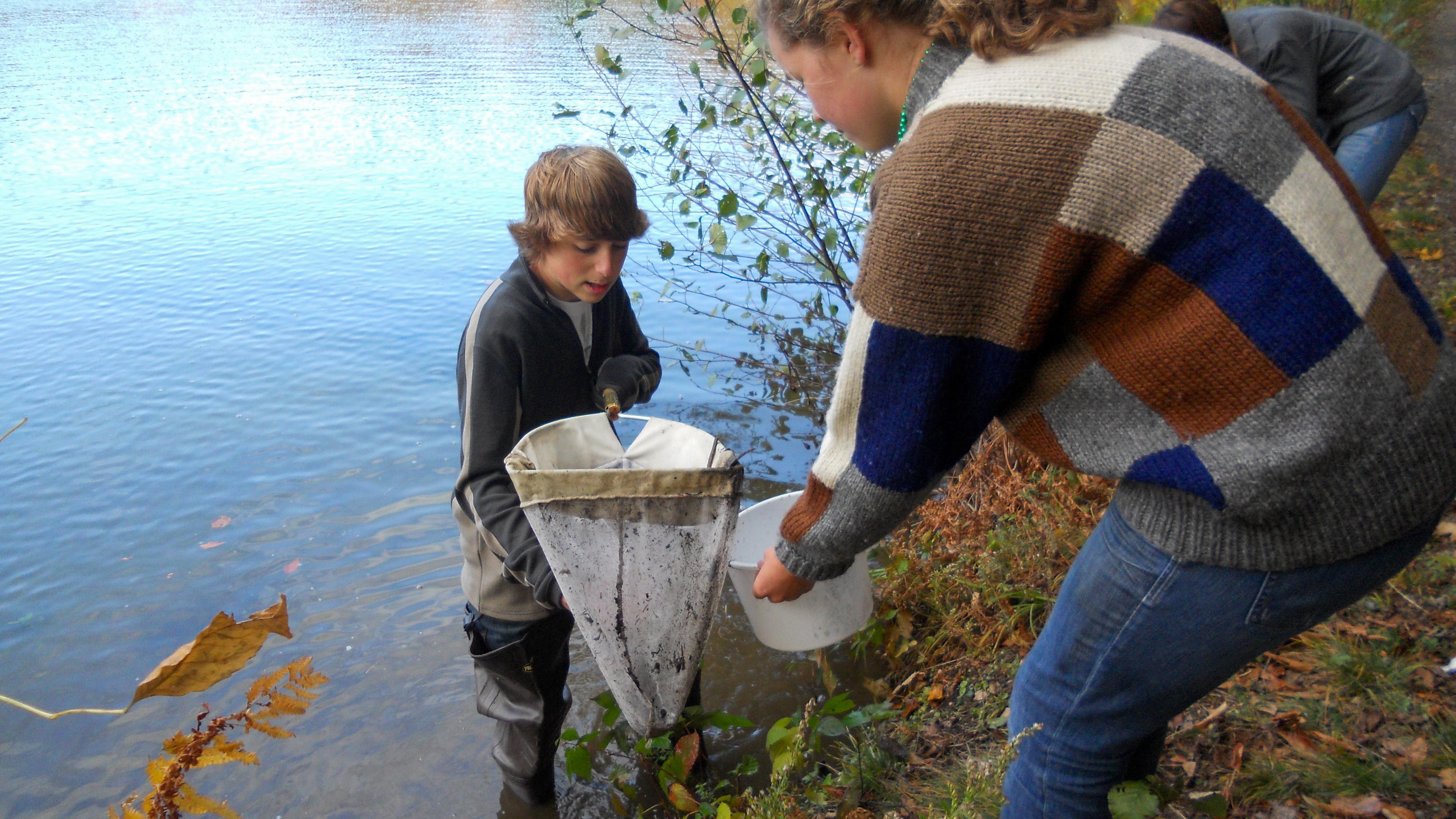 person looks in sampling net in front of a pond