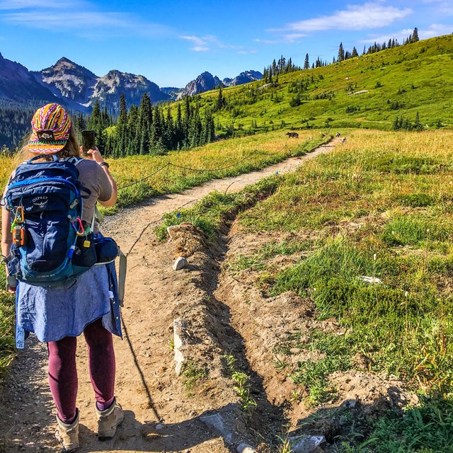 a hiker takes a photo with her phone while hiking on a trail in the mountains