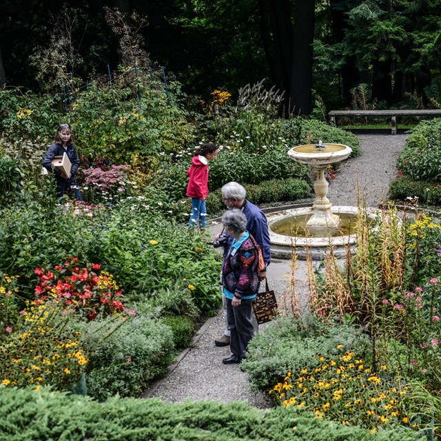 four people wander four square garden