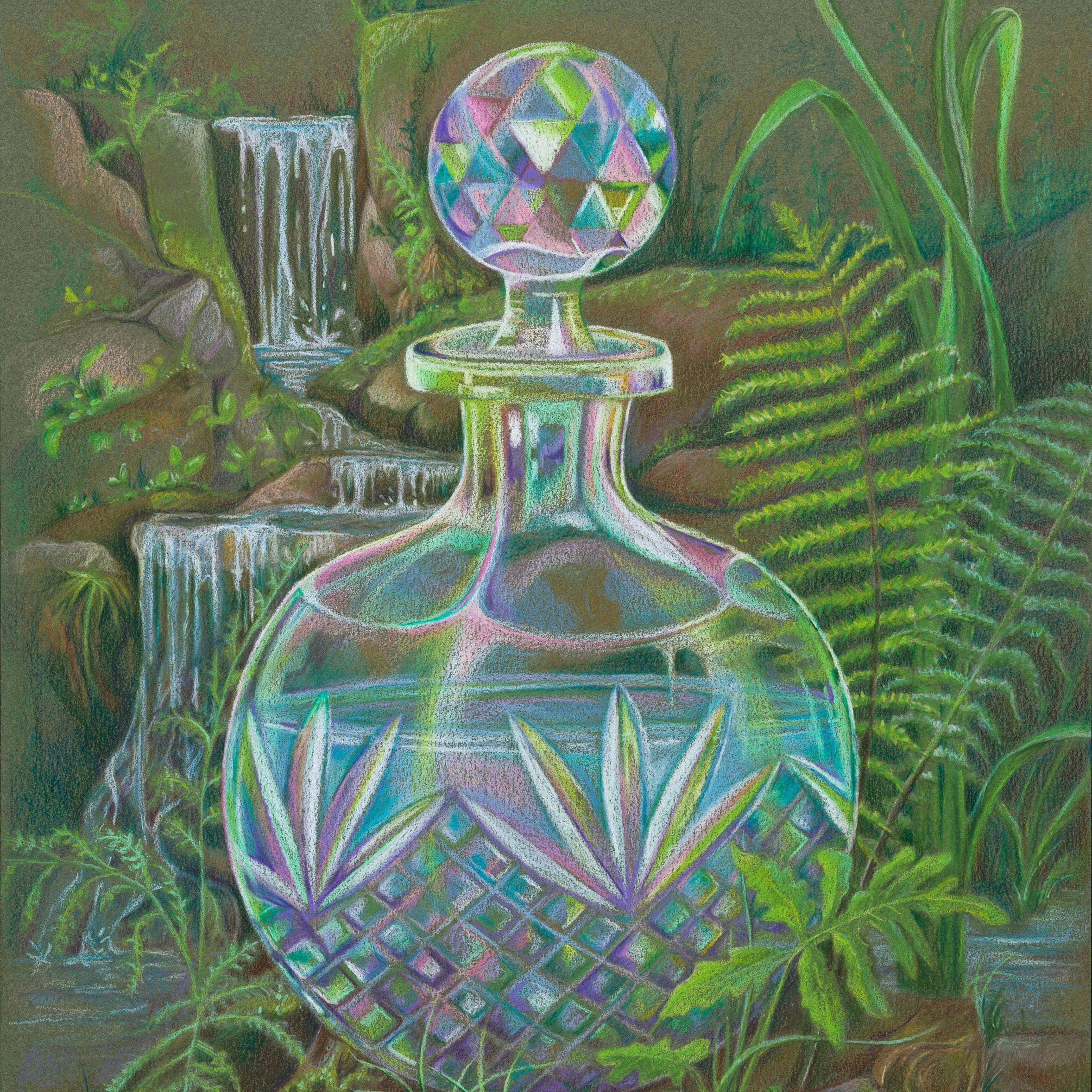 colored pencil artwork of glass bottle with glass topper surrounded by waterfall and ferns