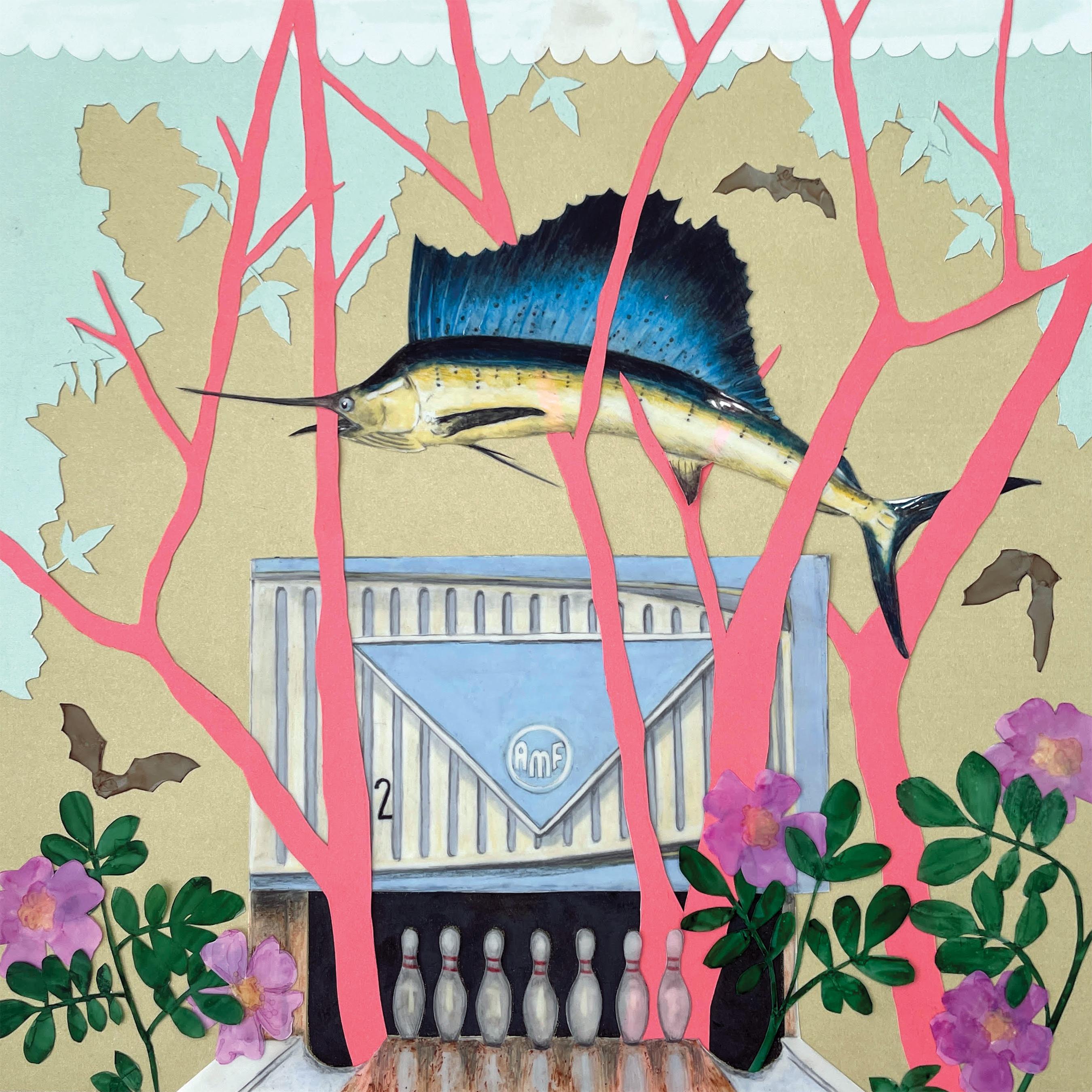 image of historic bowling alley with large taxidermy fish and roses