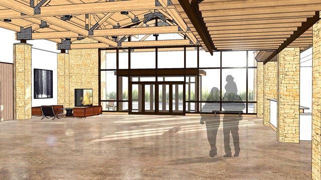 An artist rendering of the new lobby of the hotel.
