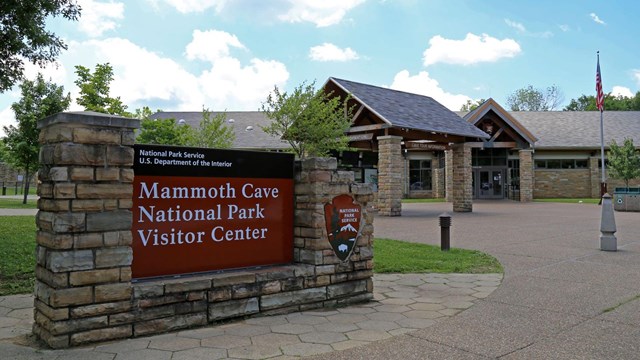 Exterior of the Mammoth Cave Visitor Center North entrance on a sunny day.