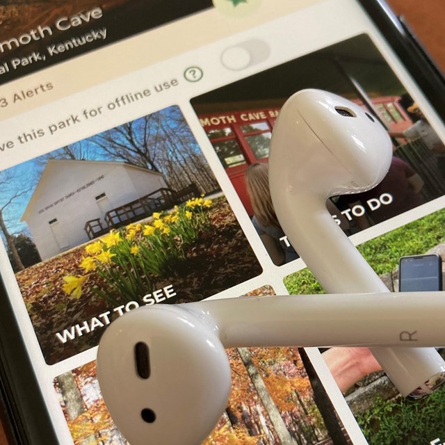A pair of headphones sitting on a smart phone with the NPS app open on the screen. 