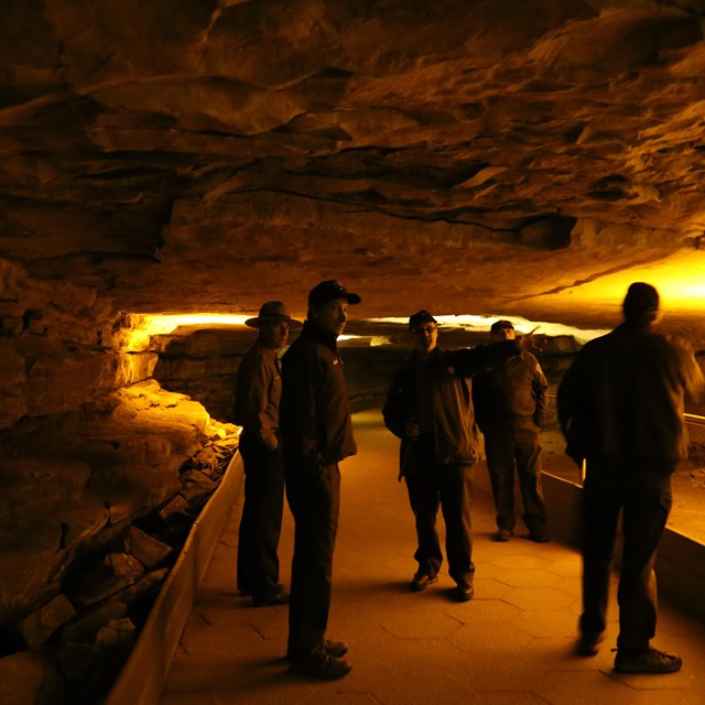 A group of park rangers talking inside a small cave passage.