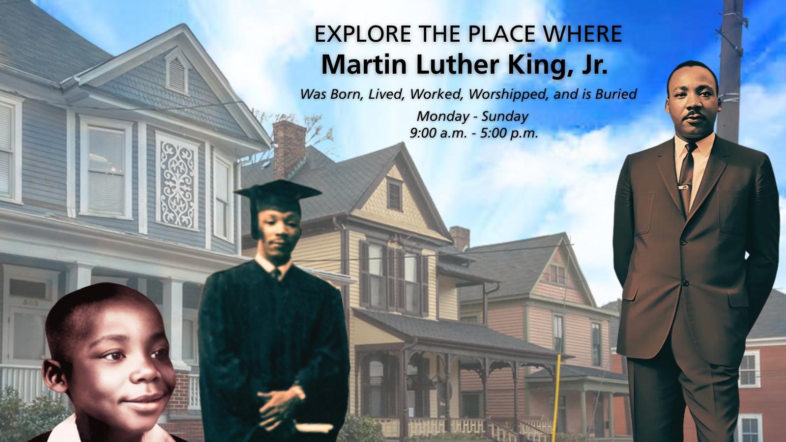 Standing Photograph of Martin Luther King, Jr. with Birth Home Block in Background