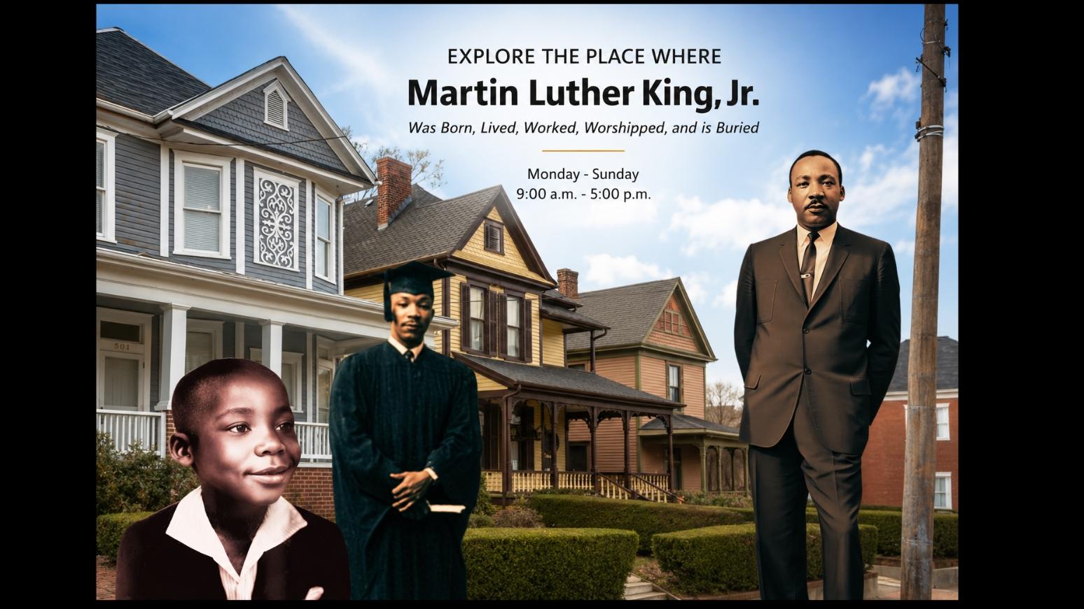 Standing Photograph of Martin Luther King, Jr. with Birth Home Block in Background