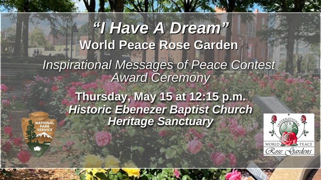 Flier with Dr. Martin Luther King, Jr. standing at a podium in the middle of a wreath of roses