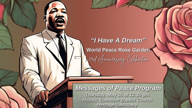 Flier with Dr. Martin Luther King, Jr. standing at a podium in the middle of a wreath of roses