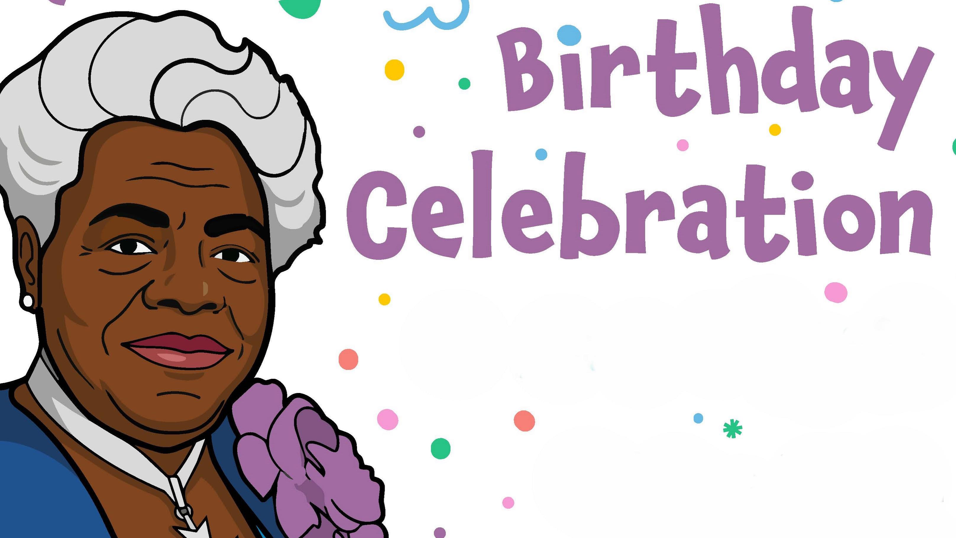 Illustration of Mrs. Bethune wearing a blue dress, necklace, flower, and colorful words and shapes