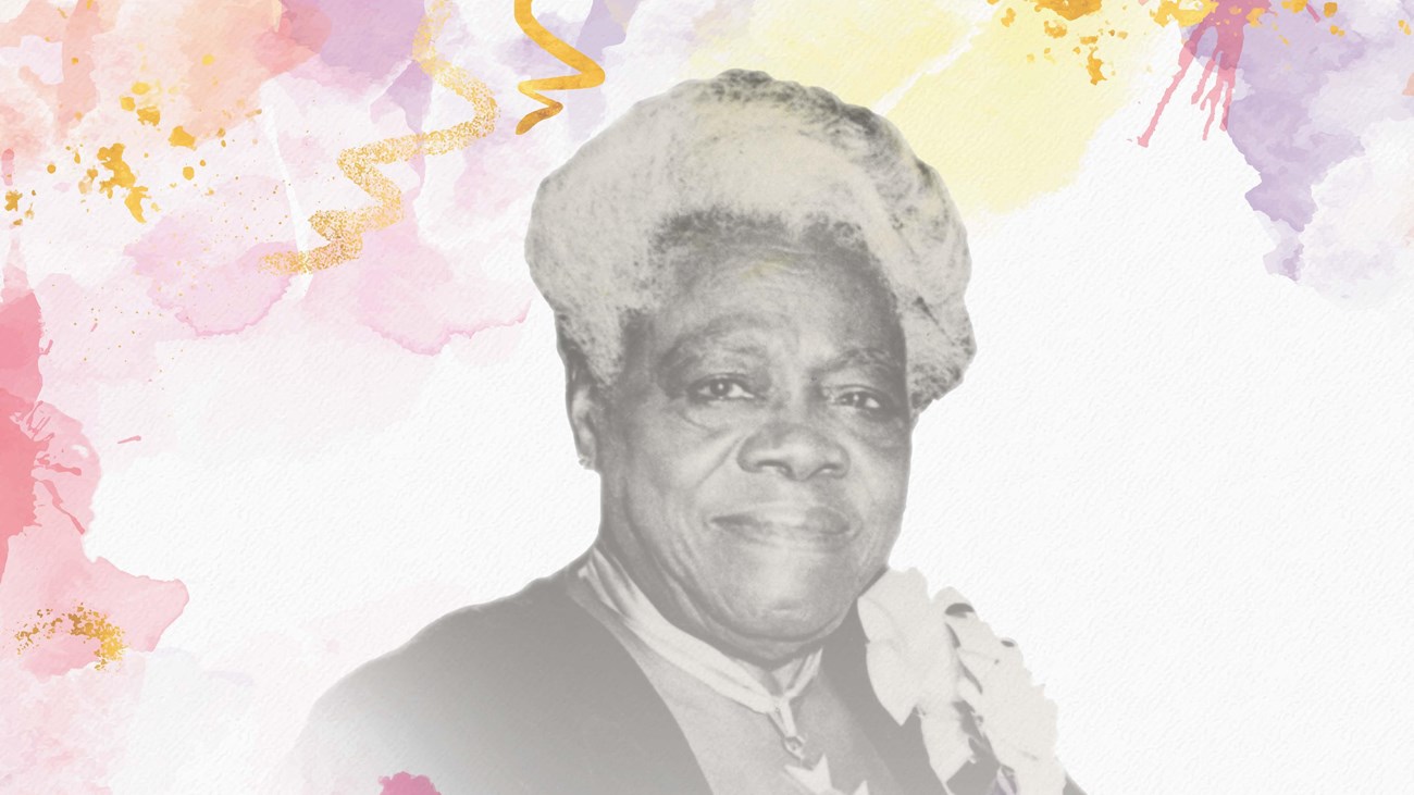 black and white image of Mary Mcleod Bethune smiling behind an overlayed watercolor background