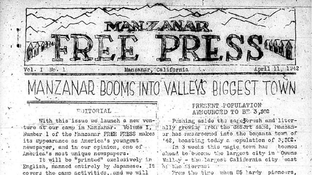 1942 Front page of Manzanar Free Press Newspaper