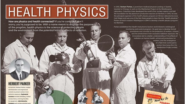 A colorful exhibit panel showing text and several men in hazmat suits.
