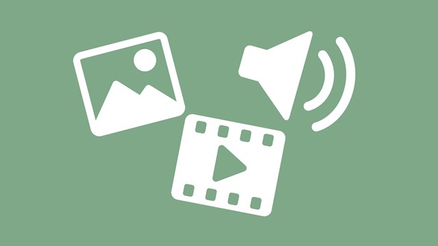 Icon of a photo, video, and audio on a mint green background.