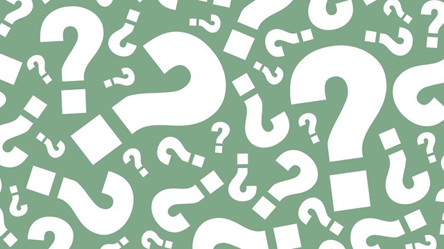 White question marks on a mint green background.