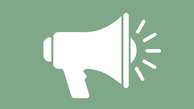 A white icon of a megaphone on a mint green background.