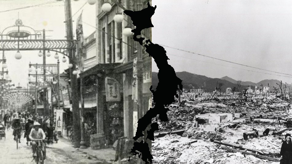 Left: busy city street, middle: Silhouette of Japan, Right: destruction of structures 