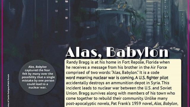 An exhibit panel featuring the title Alas Babylon and an image of a dark, dense cityscape.     