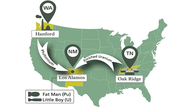 A map that marks Hanford, Washingotn; Los Alamos, New Mexico, and Oak Ridge, Tennessee. 
