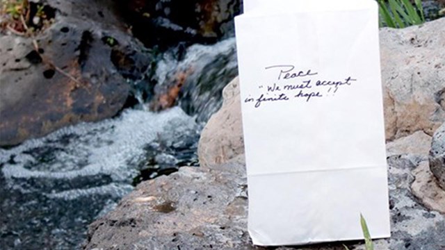 A white luminaria bag rests next to a small flowing stream.