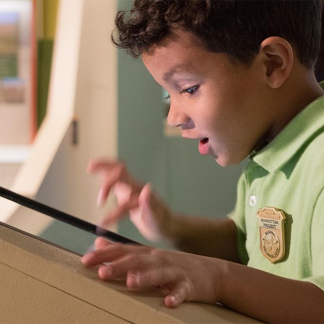 A boy in a green shirt looks at a screen