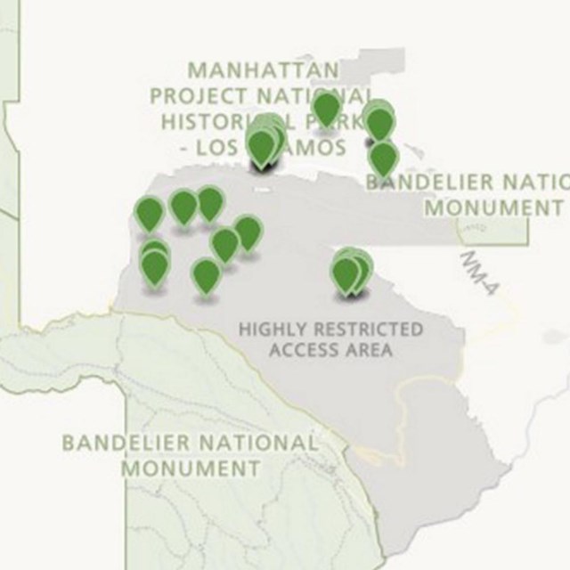 A color graphic of a map with green markers.