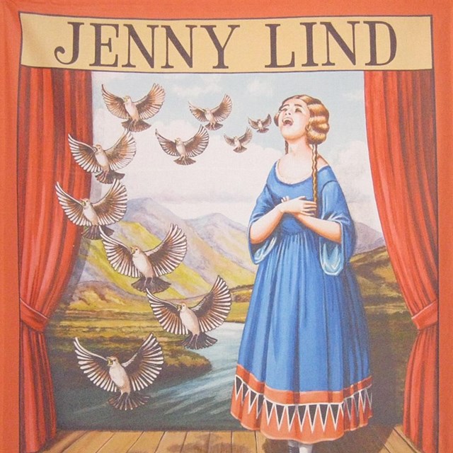Illustration of Jenny Lind singing on stage with birds flying around her.