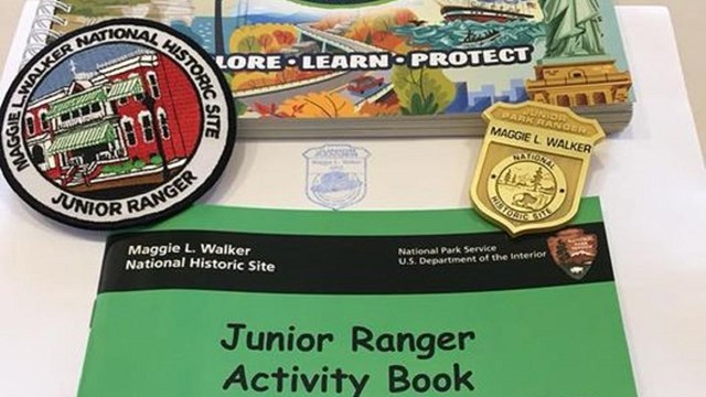 Computer graphic of NPS flat hat surrounded by text "Junior Ranger: Explore, Learn, Protect"