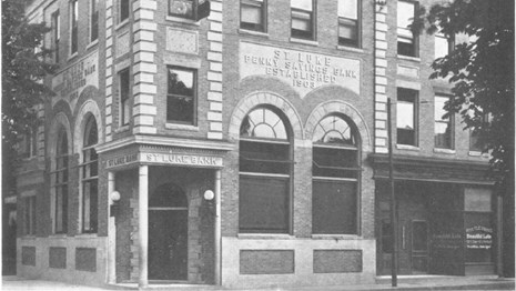 The St. Luke Penny Savings Bank building, a 3 story brick building in the mid-1920's