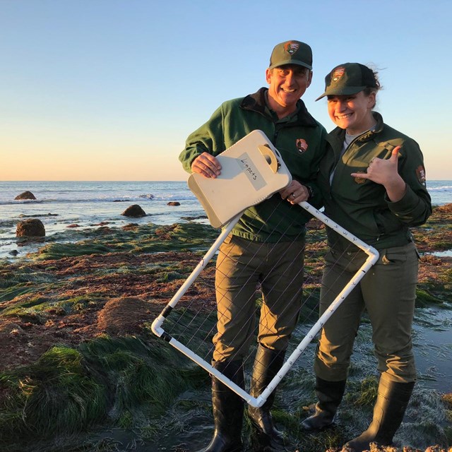 Staff at pose for a photo while collecting rocky intertidal data around sunset at Cabrillo NM