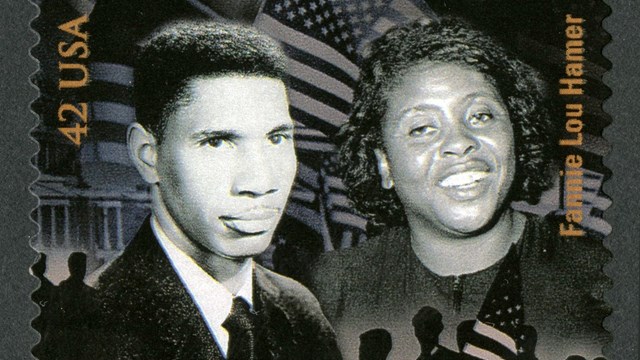 US postage stamp featuring Medgar Evers and Fannie Lou Hamer