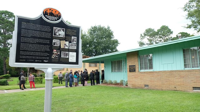 Mississippi Freedom Trail Historic marker in yard of Evers Home