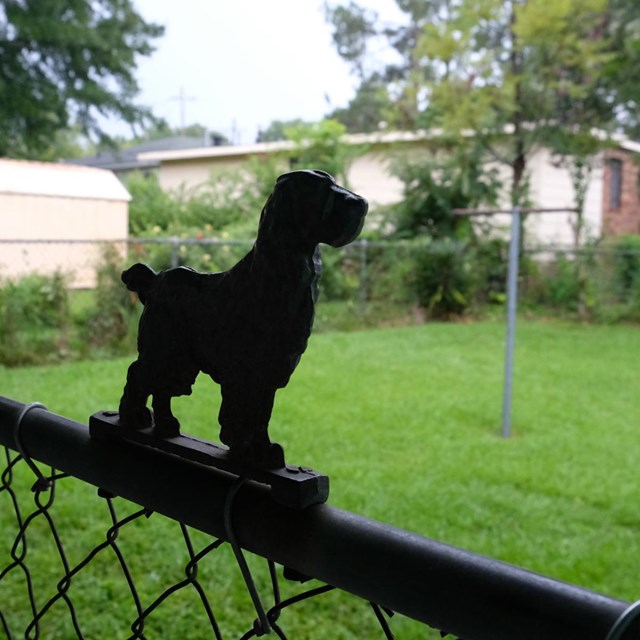Dog figure attached to chain link fence in residential backyard