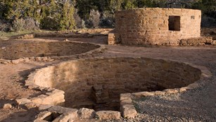 Walls and foundations of an ancient, stone-masonry village at Far View Sites.