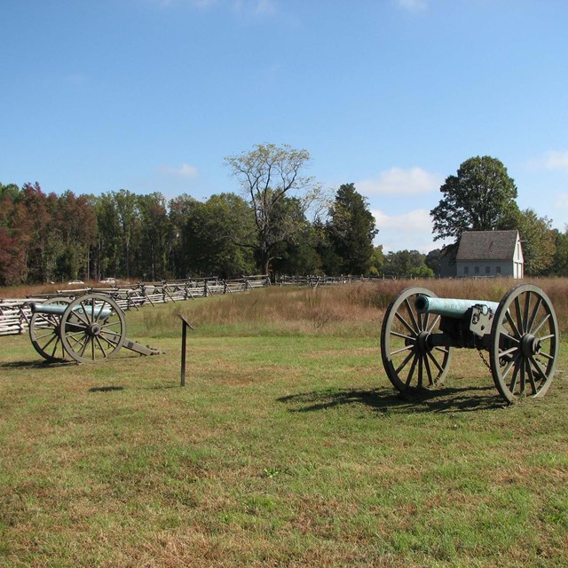 A pair of old, wheeled cannons in a field, with a building and forest beyond