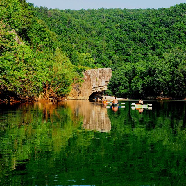 Kayakers float towards a rock on a river under lush green forested hills. 