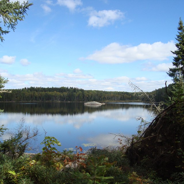 Lake with a rock outcropping in the middle surrounded by forest under blue skies. 