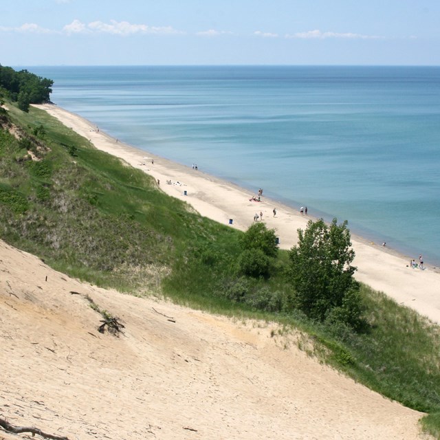 People dot a sandy shoreline next to a large lake below dune with sandy slope with some vegetation.