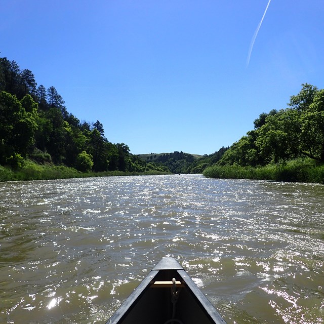 A river lined by hillsides and trees seen from a canoe. Bright sun reflects off the water. 