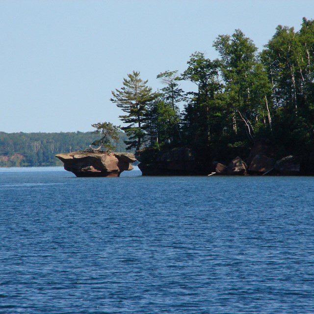 Forest on a low cliff over a lake. A rock with a single tree sits in the water near the cliff. 