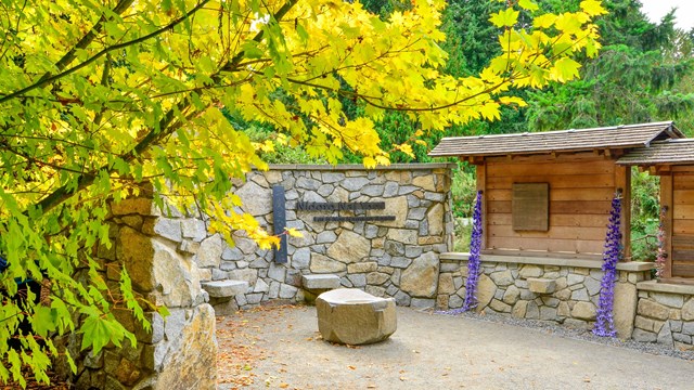 Yellow tree frames view of wooden and stone memorial.